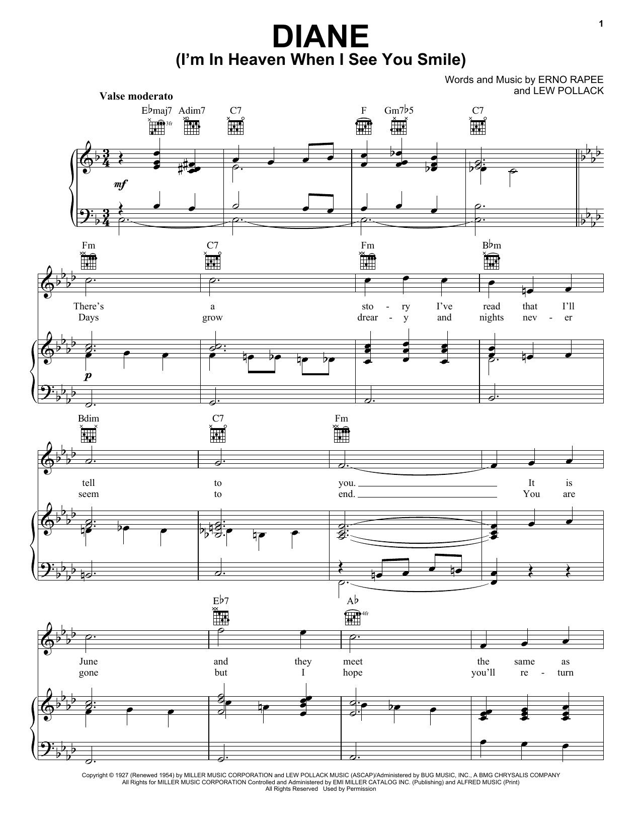 Preview Erno Rapee Diane Jazz sheet music, notes and chords for Piano, Vocal & Guitar (Right-Hand Melody), SKU: 177425 sheet music, piano notes, chords, guitar tabs, score, transpose, transcribe, how to play, guide, download, learn, tutorial, progression, song, artist, awards, billboard, mtv, vh1, tour, single, album, release