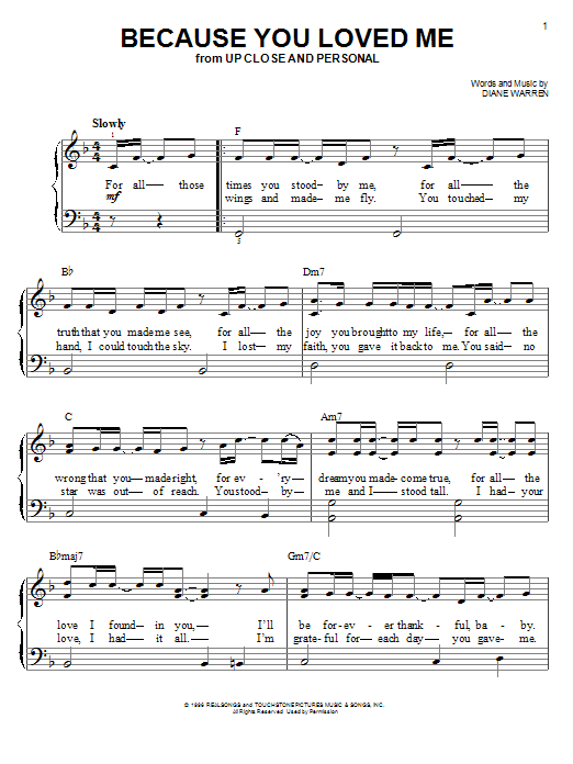 Diane Warren Because You Loved Me Sheet Music Notes & Chords for Piano - Download or Print PDF