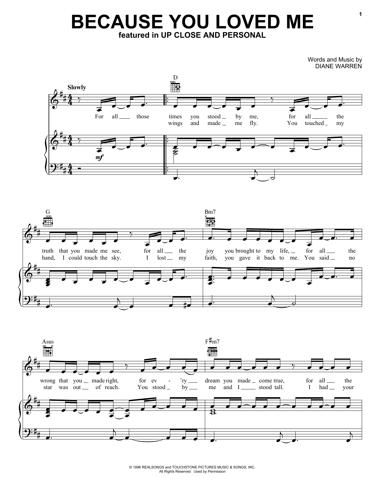 Diane Warren Because You Loved Me Sheet Music Notes & Chords for Piano - Download or Print PDF