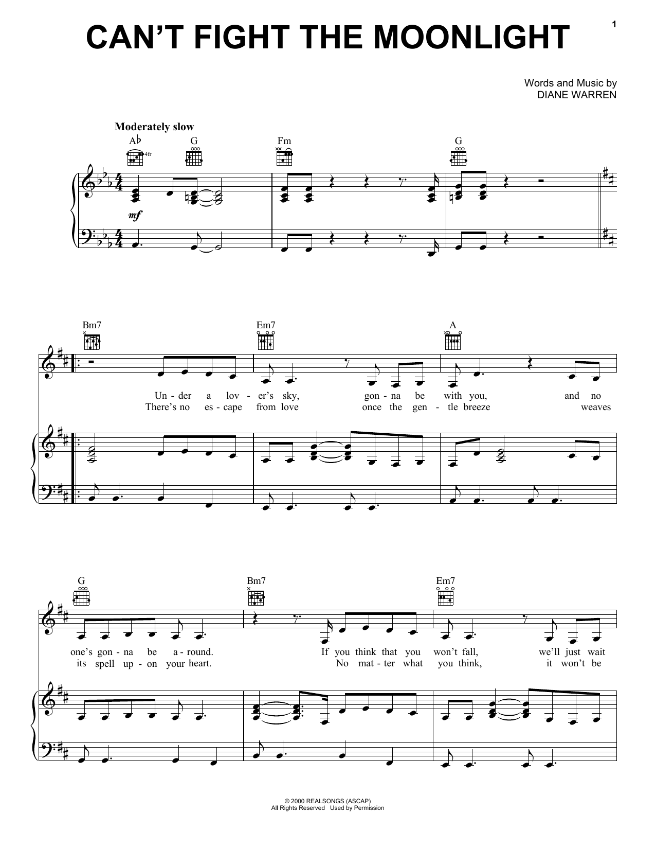 Diane Warren Can't Fight The Moonlight Sheet Music Notes & Chords for Lyrics & Chords - Download or Print PDF