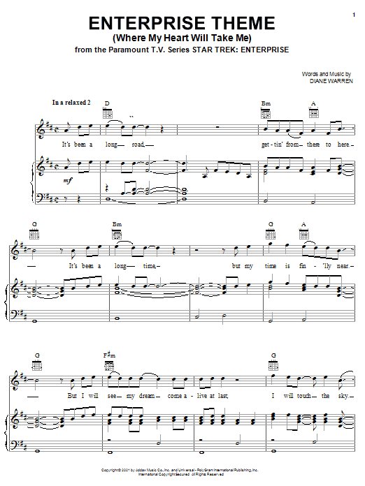 Diane Warren Enterprise Theme (Where My Heart Will Take Me) Sheet Music Notes & Chords for Easy Piano - Download or Print PDF