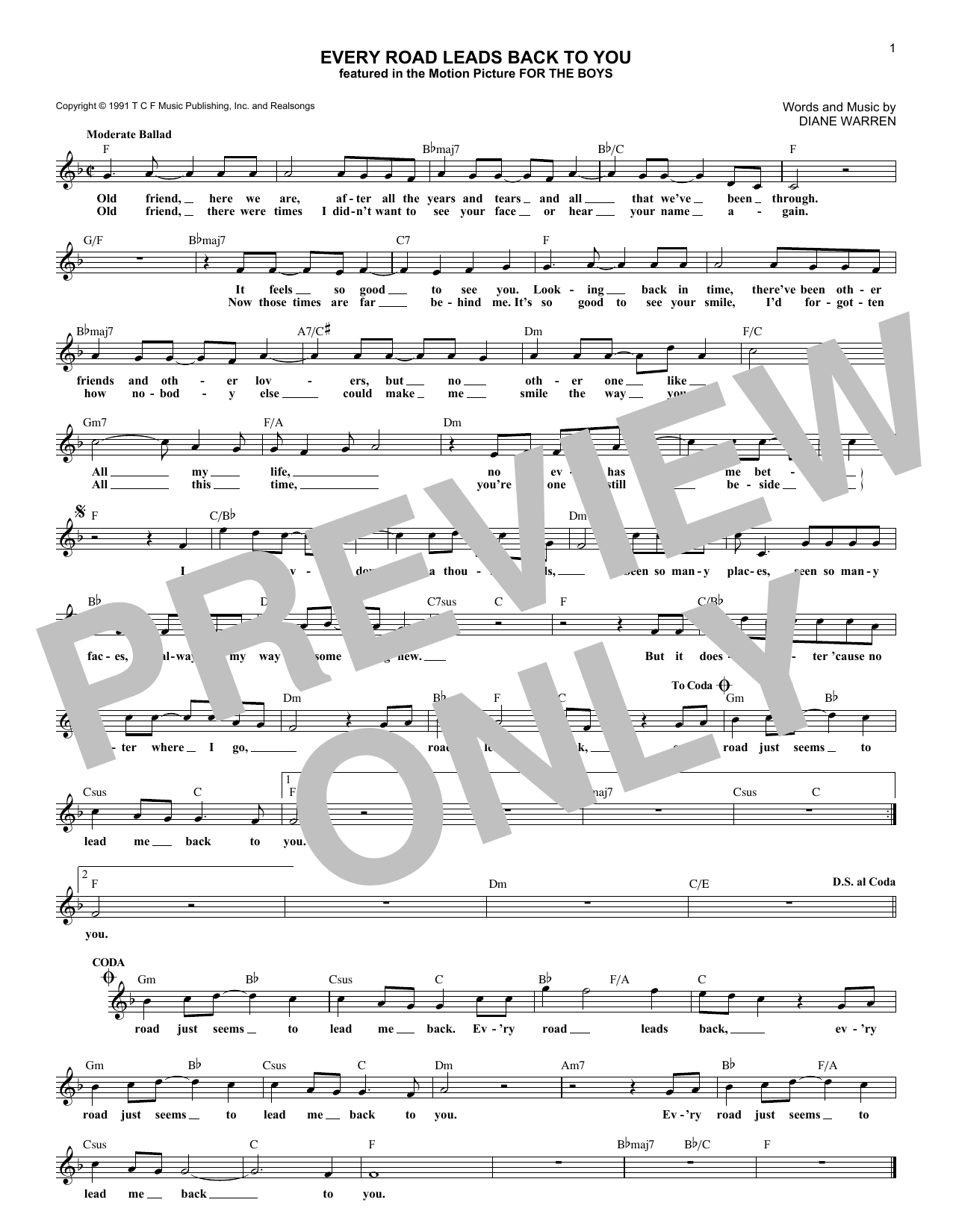 Diane Warren Every Road Leads Back To You Sheet Music Notes & Chords for Melody Line, Lyrics & Chords - Download or Print PDF