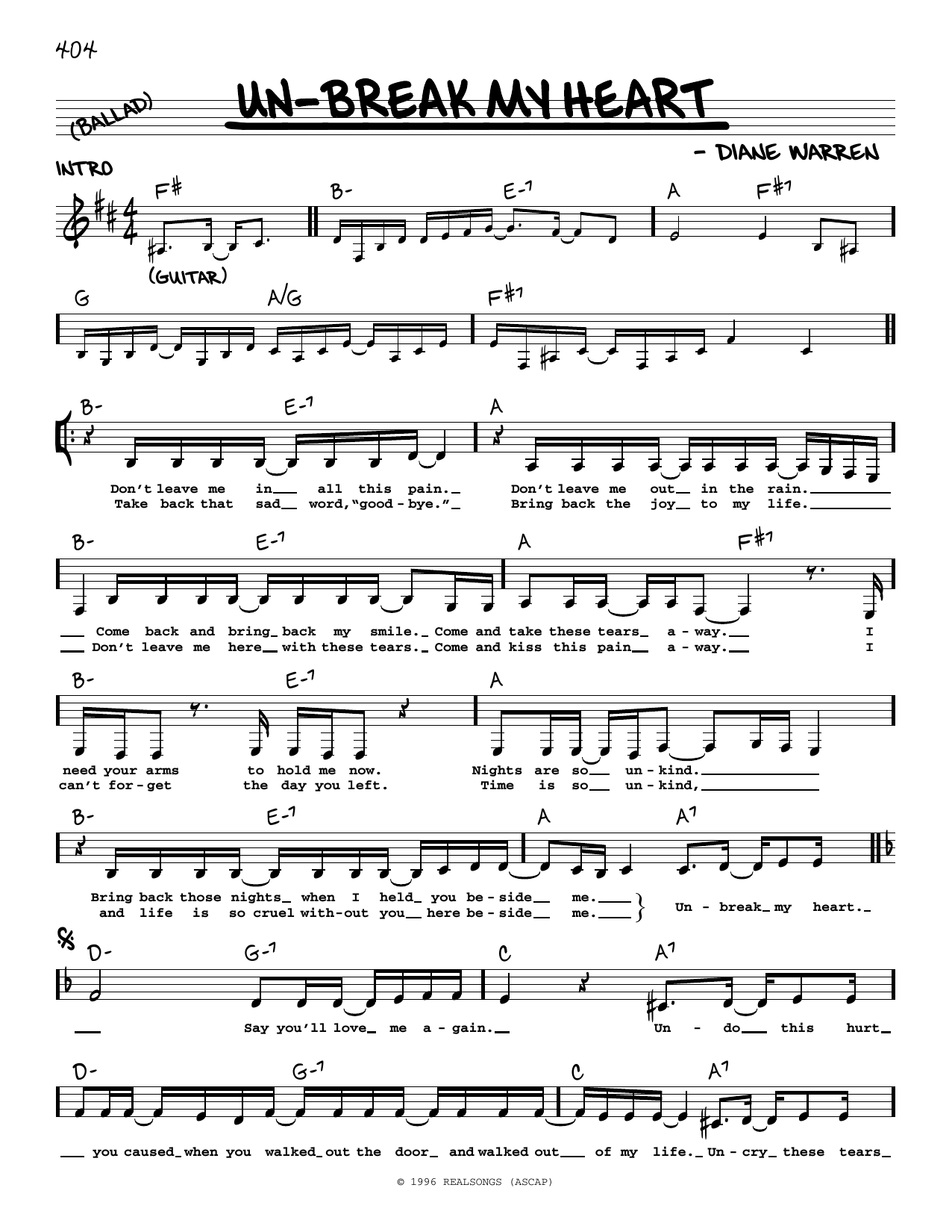 Diane Warren Un-break My Heart Sheet Music Notes & Chords for Real Book – Melody, Lyrics & Chords - Download or Print PDF