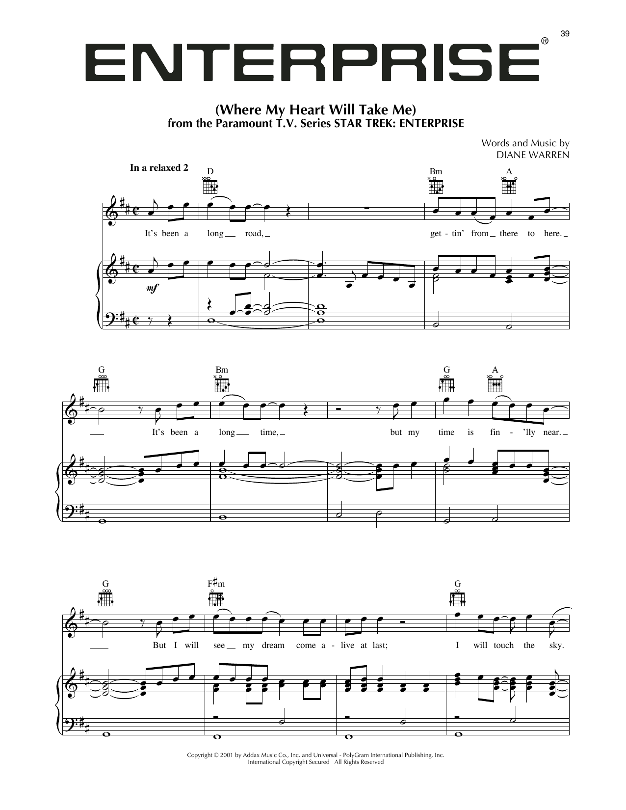 Diane Warren Where My Heart Will Take Me (Theme from Star Trek: Enterprise) Sheet Music Notes & Chords for Piano Solo - Download or Print PDF