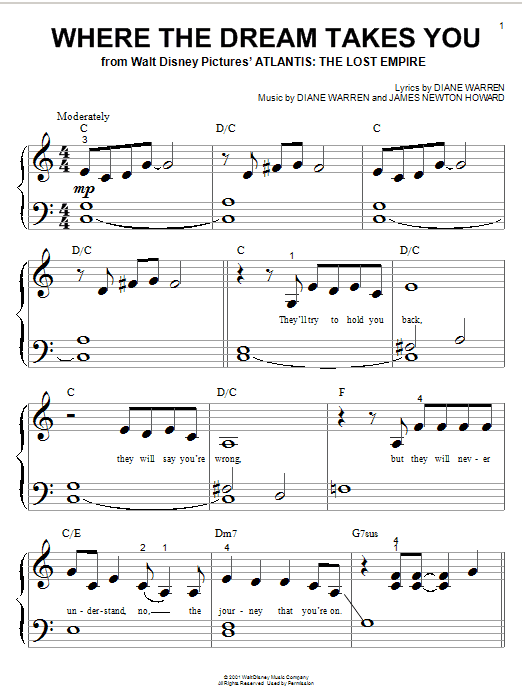 Diane Warren Where The Dream Takes You (from Atlantis: The Lost Empire) Sheet Music Notes & Chords for Piano (Big Notes) - Download or Print PDF