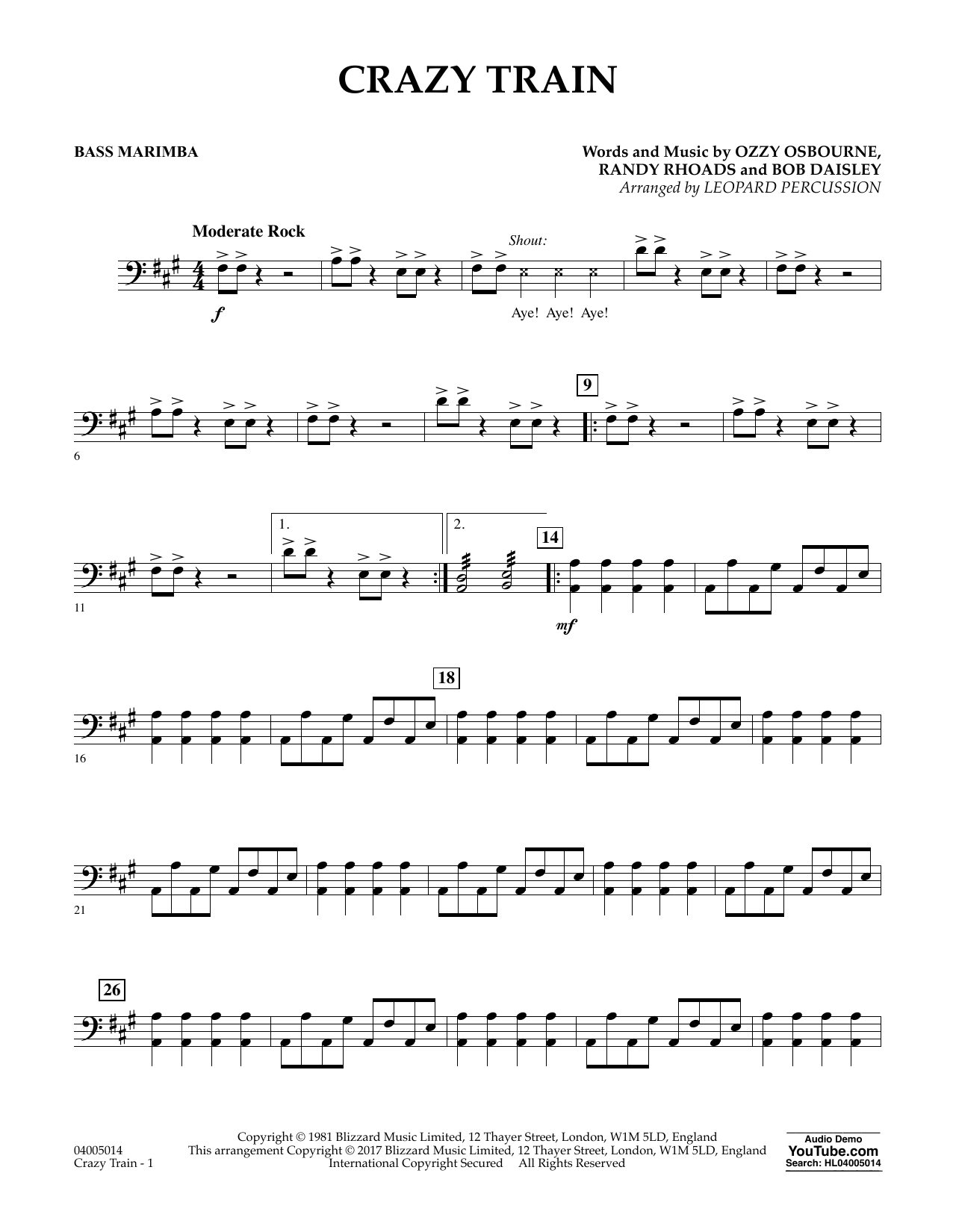 Diane Downs Crazy Train Bass Marimba Sheet Music Download Pdf Score 361661