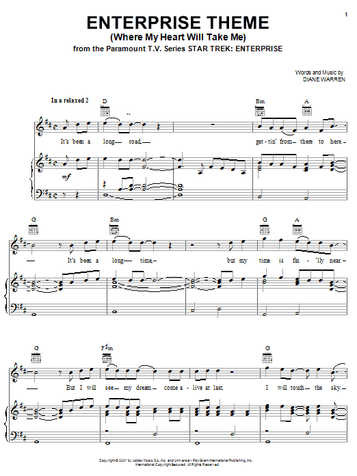Diane Warren Enterprise Theme Where My Heart Will Take Me Sheet Music Download Pdf Score 26236