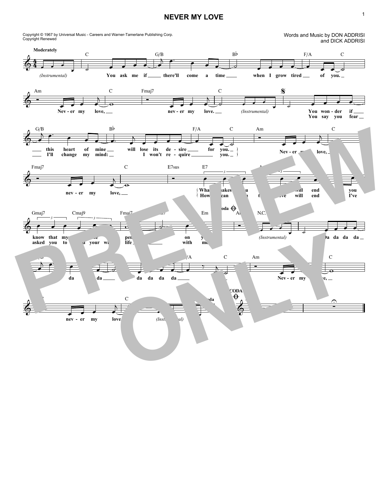 Dick Addrisi Never My Love Sheet Music Notes & Chords for Lead Sheet / Fake Book - Download or Print PDF