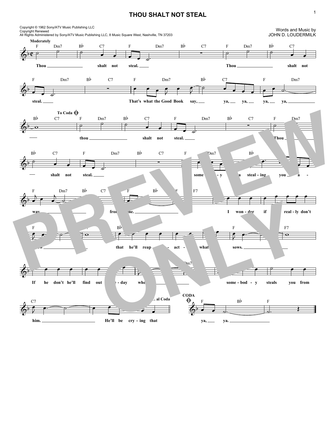 Dick and DeeDee Thou Shalt Not Steal Sheet Music Notes & Chords for Melody Line, Lyrics & Chords - Download or Print PDF