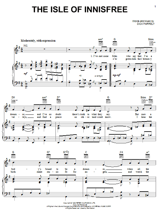 Dick Farrely The Isle Of Innisfree Sheet Music Notes & Chords for Piano, Vocal & Guitar (Right-Hand Melody) - Download or Print PDF