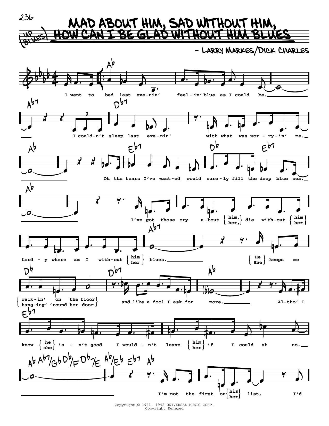 Dick Hyman Mad About Him, Sad Without Him, How Can I Be Glad Without Him Blues (Low Voice) Sheet Music Notes & Chords for Real Book – Melody, Lyrics & Chords - Download or Print PDF