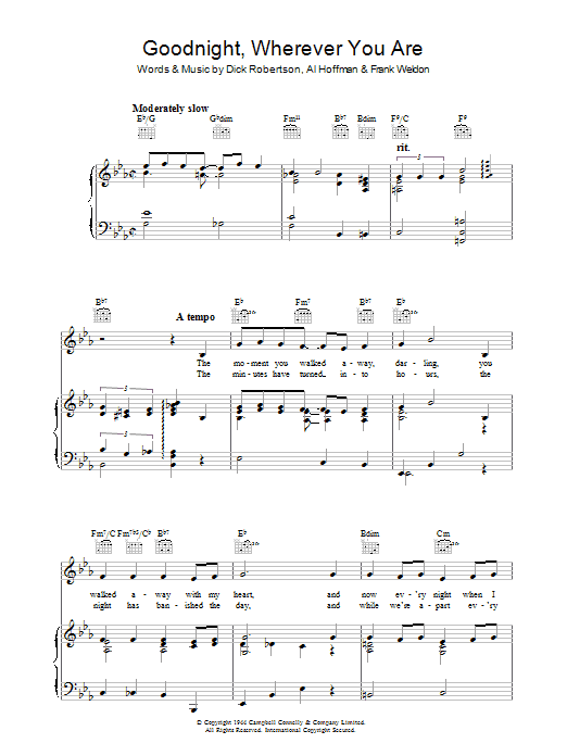 Dick Robertson Goodnight, Wherever You Are Sheet Music Notes & Chords for Piano, Vocal & Guitar (Right-Hand Melody) - Download or Print PDF