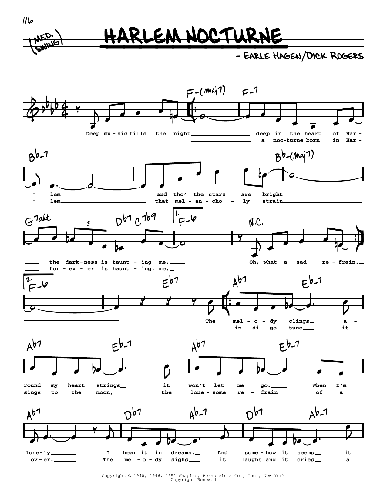 Dick Rogers Harlem Nocturne (Low Voice) Sheet Music Notes & Chords for Real Book – Melody, Lyrics & Chords - Download or Print PDF