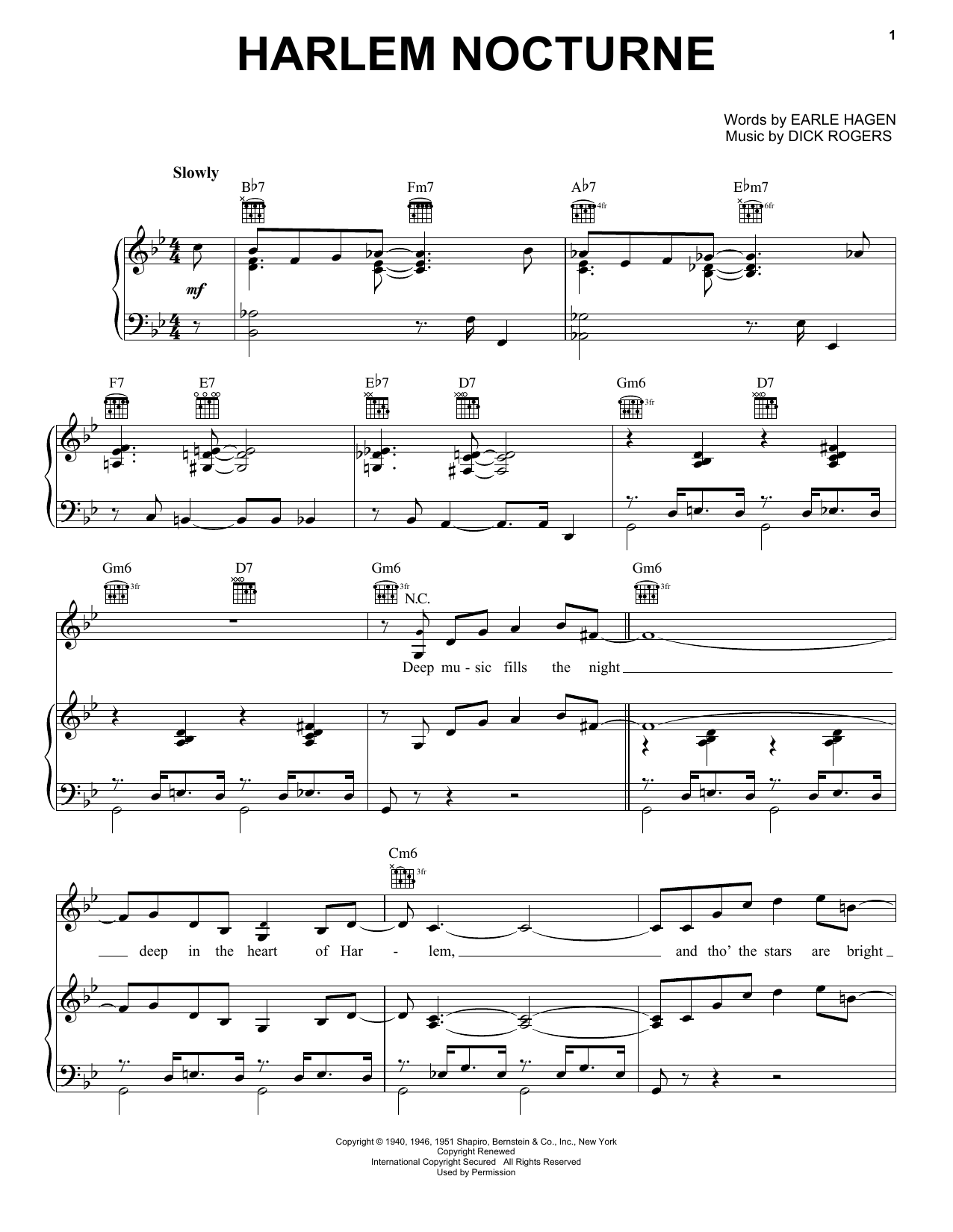 Dick Rogers Harlem Nocturne Sheet Music Notes & Chords for Piano, Vocal & Guitar (Right-Hand Melody) - Download or Print PDF