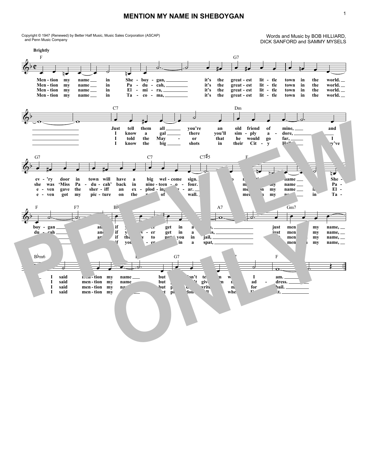 Dick Sanford Mention My Name In Sheboygan Sheet Music Notes & Chords for Melody Line, Lyrics & Chords - Download or Print PDF