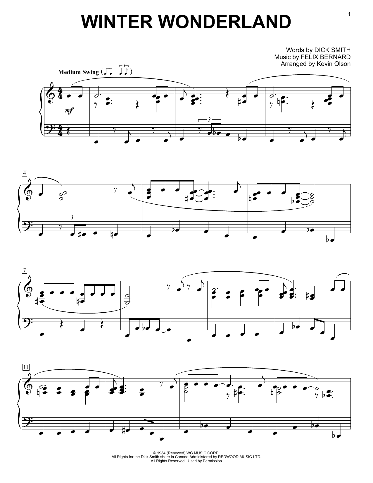 Dick Smith Winter Wonderland (arr. Kevin Olson) Sheet Music Notes & Chords for Easy Piano Solo - Download or Print PDF