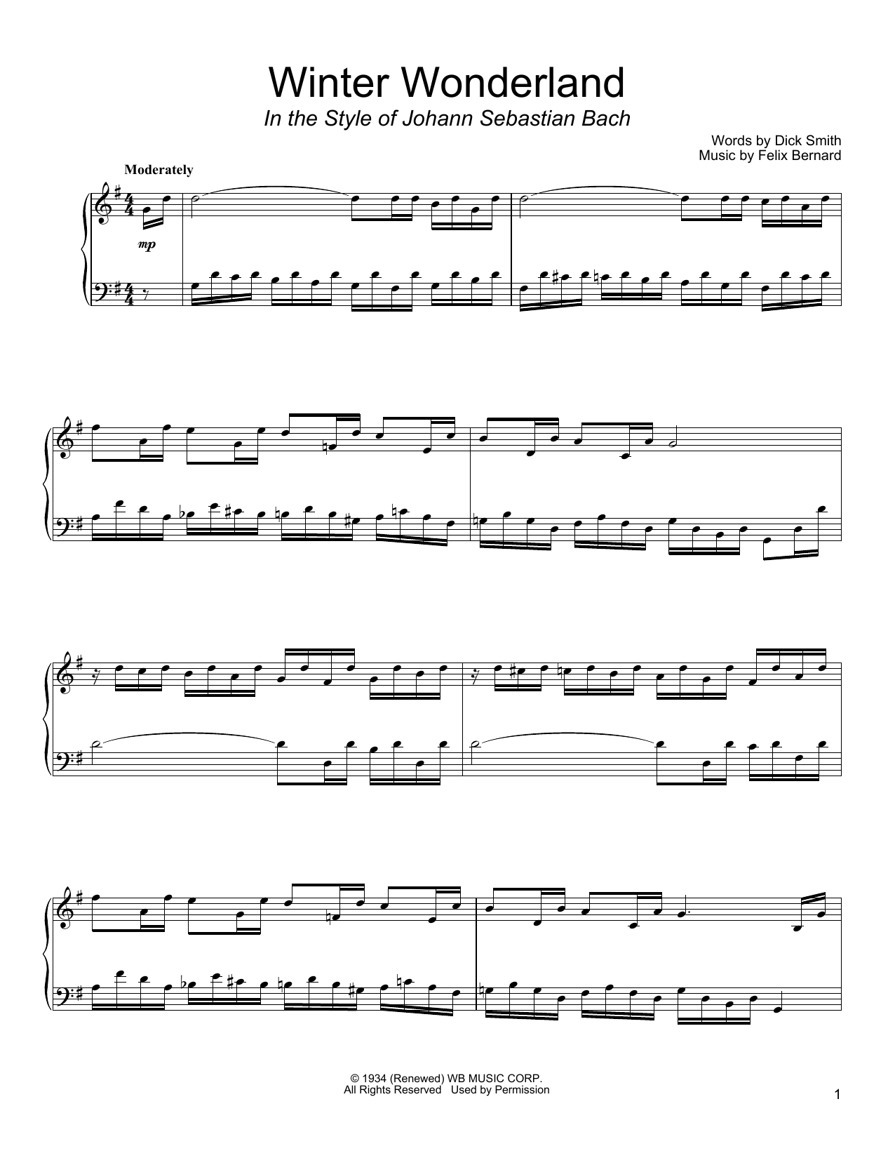 Dick Smith Winter Wonderland (in the style of J.S. Bach) Sheet Music Notes & Chords for Piano Solo - Download or Print PDF