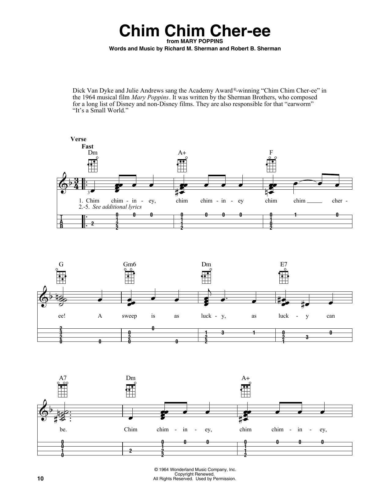 Sherman Brothers Chim Chim Cher-ee (from Mary Poppins) (arr. Fred Sokolow) Sheet Music Notes & Chords for Easy Ukulele Tab - Download or Print PDF