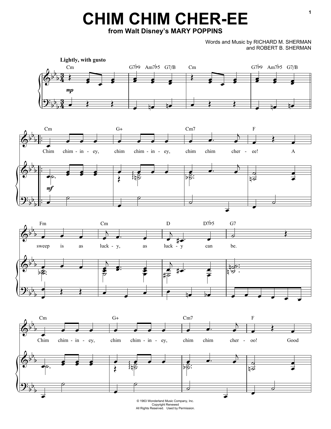 Robert B. Sherman Chim Chim Cher-ee (from Mary Poppins) sheet music notes and chords. Download Printable PDF.