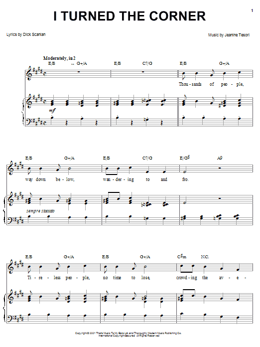 Preview Dick Scanlan I Turned The Corner Musicals sheet music, notes and chords for Piano, Vocal & Guitar (Right-Hand Melody), SKU: 25347 I Turned The Corner sheet music