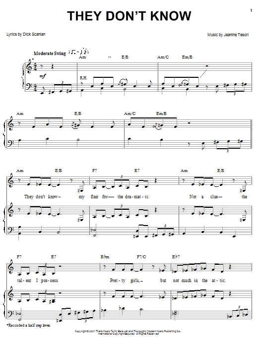 Preview Dick Scanlan They Don't Know Musicals sheet music, notes and chords for Piano, Vocal & Guitar (Right-Hand Melody), SKU: 25366 They Don't Know sheet music