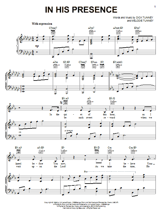Preview Dick Tunney In His Presence Religious sheet music, notes and chords for Piano, Vocal & Guitar (Right-Hand Melody), SKU: 23966 sheet music, piano notes, chords, guitar tabs, score, transpose, transcribe, how to play, guide, download, learn, tutorial, progression, song, artist, awards, billboard, mtv, vh1, tour, single, album, release