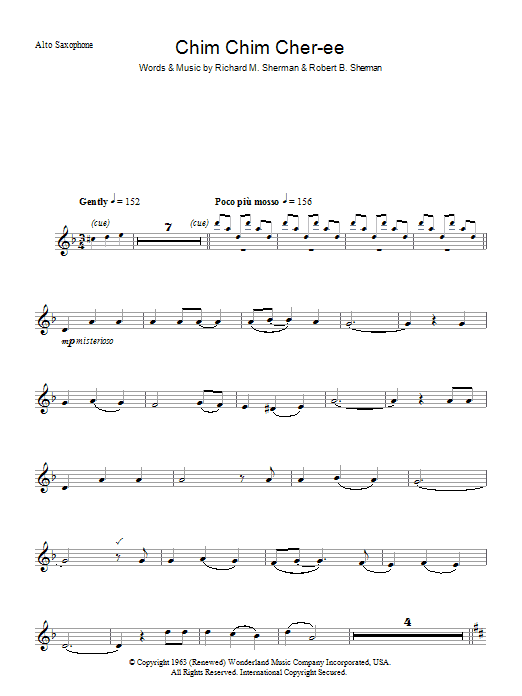Preview Dick Van Dyke Chim Chim Cher-ee Children sheet music, notes and chords for Alto Saxophone, SKU: 48342 Chim Chim Cher-ee sheet music