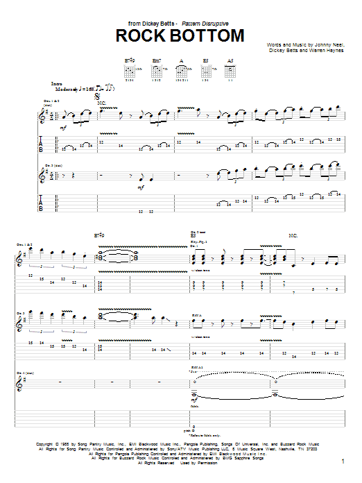 Preview Dickey Betts Rock Bottom Rock sheet music, notes and chords for Guitar Tab, SKU: 23670 sheet music, piano notes, chords, guitar tabs, score, transpose, transcribe, how to play, guide, download, learn, tutorial, progression, song, artist, awards, billboard, mtv, vh1, tour, single, album, release