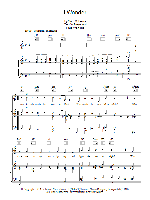 Dickie Valentine I Wonder Sheet Music Notes & Chords for Piano, Vocal & Guitar (Right-Hand Melody) - Download or Print PDF