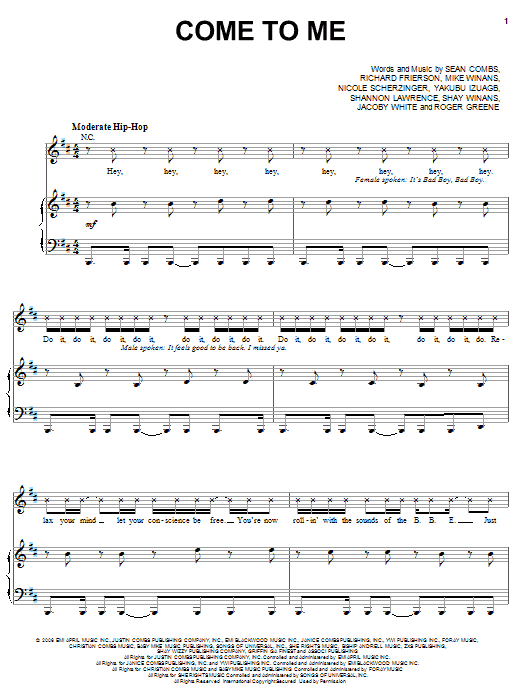 Diddy featuring Nicole Scherzinger Come To Me Sheet Music Notes & Chords for Piano, Vocal & Guitar (Right-Hand Melody) - Download or Print PDF