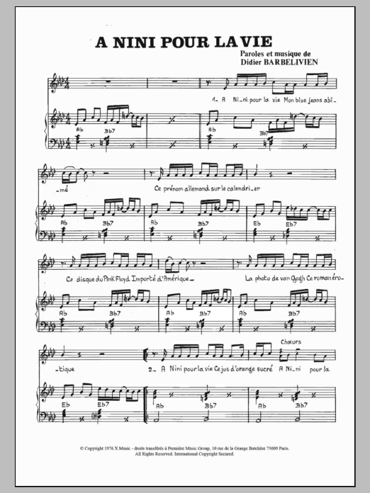 Didier Barbelivien A Nini Pour La Vie Sheet Music Notes & Chords for Piano & Vocal - Download or Print PDF