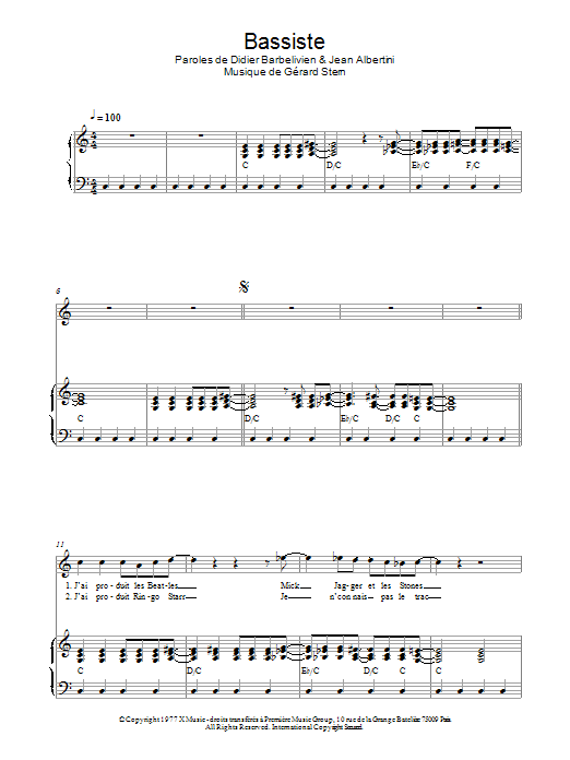 Didier Barbelivien Bassiste Sheet Music Notes & Chords for Piano & Vocal - Download or Print PDF