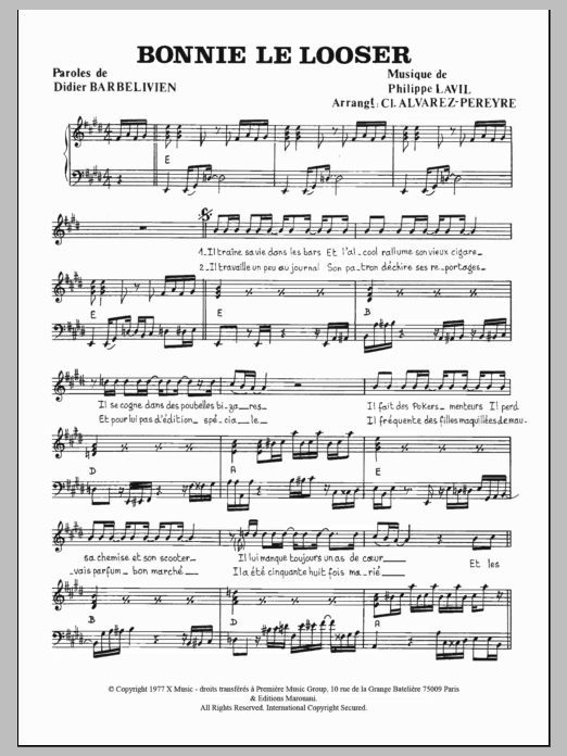 Didier Barbelivien Bonnie Le Looser Sheet Music Notes & Chords for Piano & Vocal - Download or Print PDF