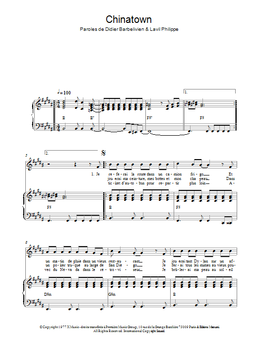 Didier Barbelivien Chinatown Sheet Music Notes & Chords for Piano & Vocal - Download or Print PDF