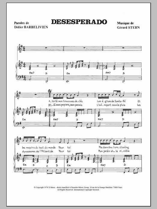 Didier Barbelivien Desperado Sheet Music Notes & Chords for Piano & Vocal - Download or Print PDF