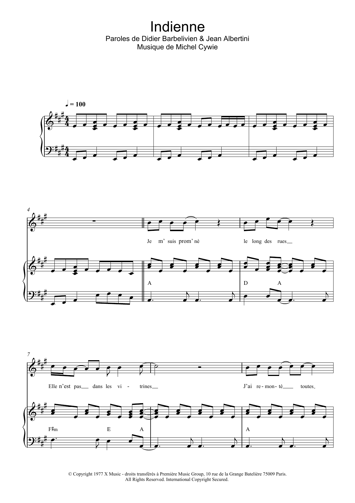 Didier Barbelivien Indienne Sheet Music Notes & Chords for Piano & Vocal - Download or Print PDF