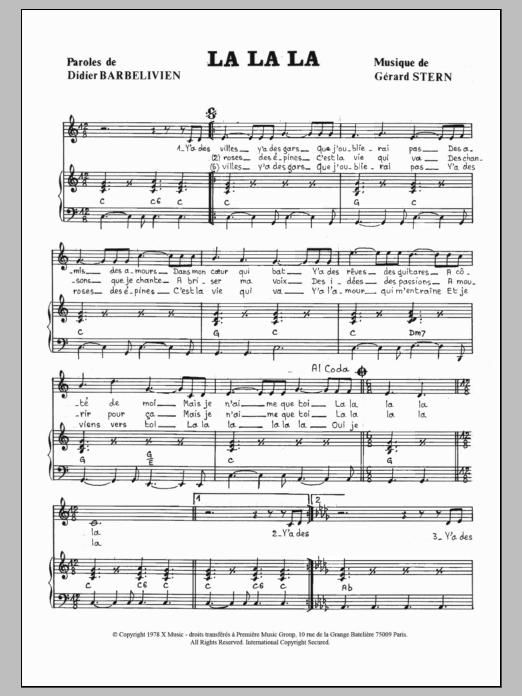 Didier Barbelivien La La La Sheet Music Notes & Chords for Piano & Vocal - Download or Print PDF