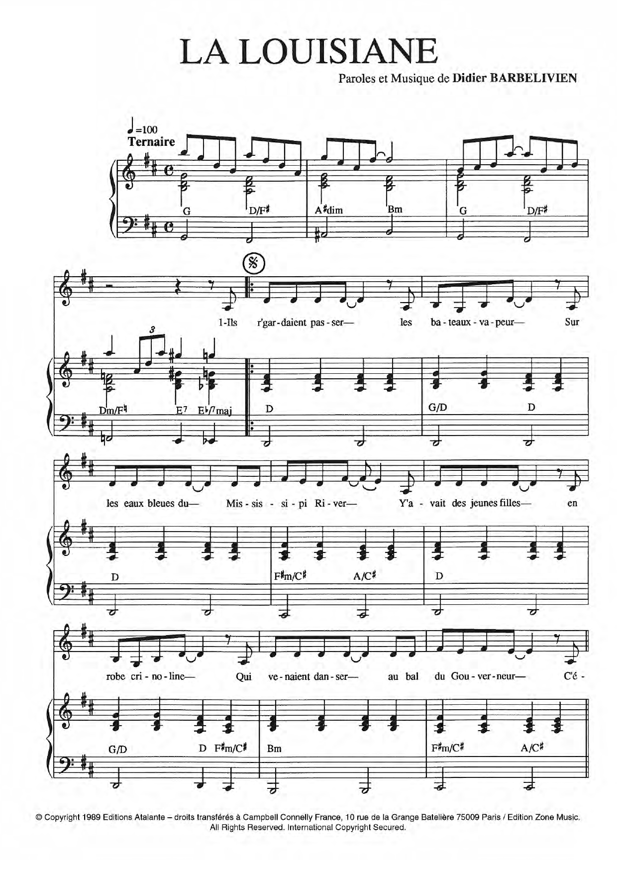 Didier Barbelivien La Louisiane Sheet Music Notes & Chords for Piano & Vocal - Download or Print PDF