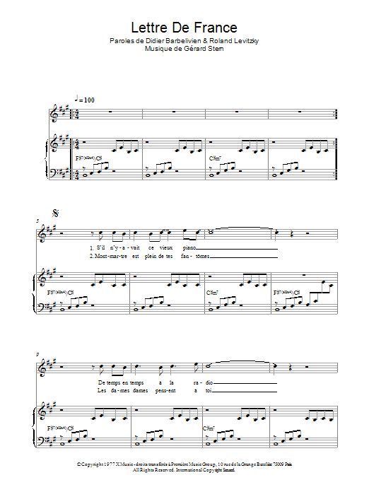 Didier Barbelivien Lettre De France Sheet Music Notes & Chords for Piano & Vocal - Download or Print PDF