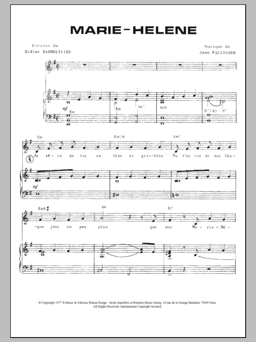 Didier Barbelivien Marie Helene Sheet Music Notes & Chords for Piano & Vocal - Download or Print PDF