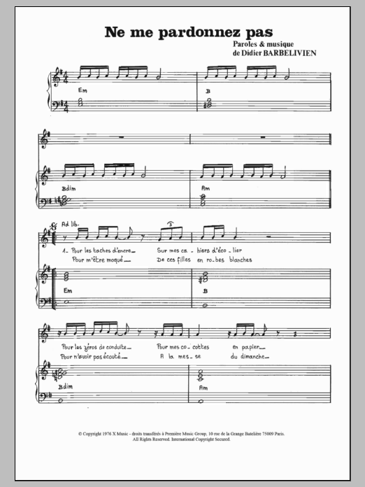 Didier Barbelivien Ne Me Pardonnez Pas Sheet Music Notes & Chords for Piano & Vocal - Download or Print PDF