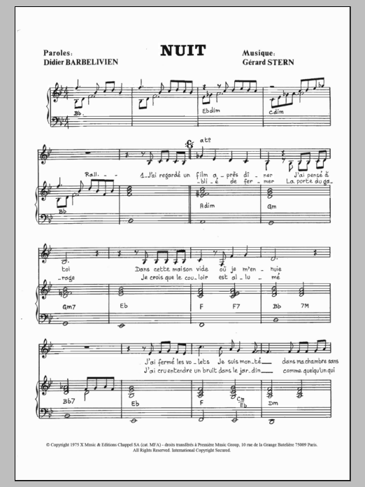 Didier Barbelivien Nuit Sheet Music Notes & Chords for Piano & Vocal - Download or Print PDF