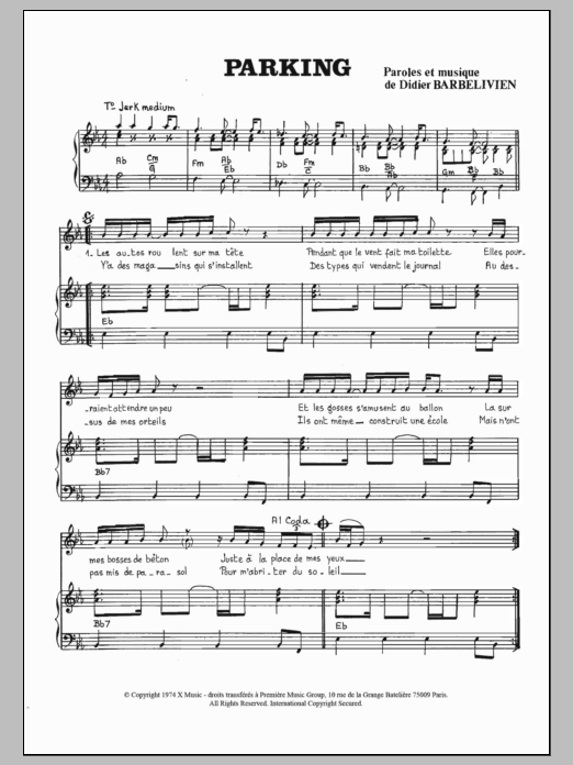 Didier Barbelivien Parking Sheet Music Notes & Chords for Piano & Vocal - Download or Print PDF