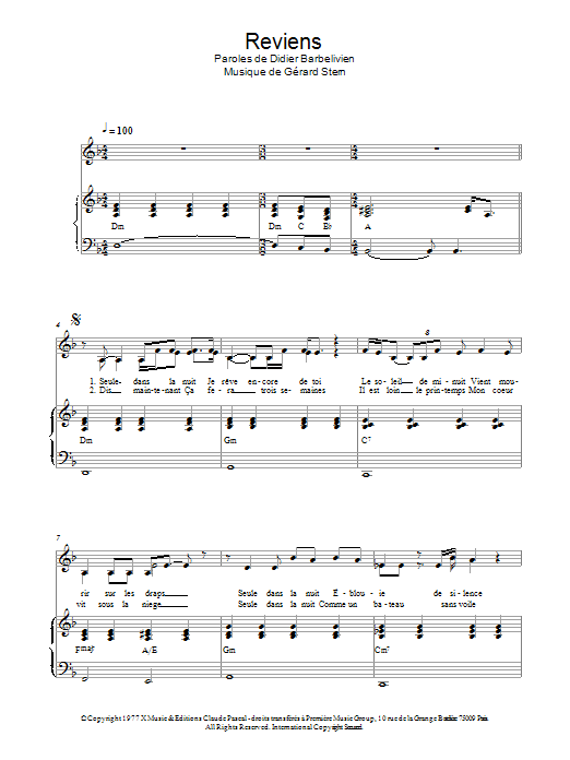 Didier Barbelivien Reviens Sheet Music Notes & Chords for Piano & Vocal - Download or Print PDF