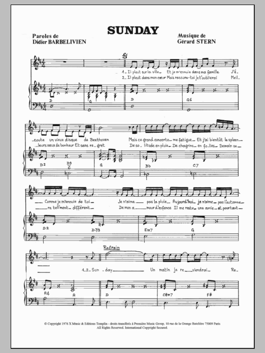 Didier Barbelivien Sunday Sheet Music Notes & Chords for Piano & Vocal - Download or Print PDF