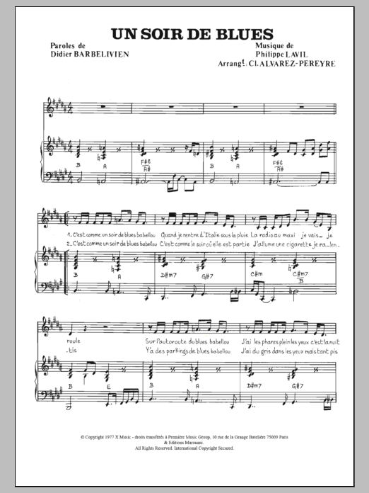 Didier Barbelivien Un Soir De Blues Sheet Music Notes & Chords for Piano & Vocal - Download or Print PDF