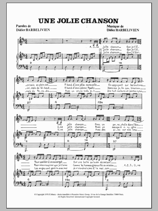 Didier Barbelivien Une Jolie Chanson Sheet Music Notes & Chords for Piano & Vocal - Download or Print PDF