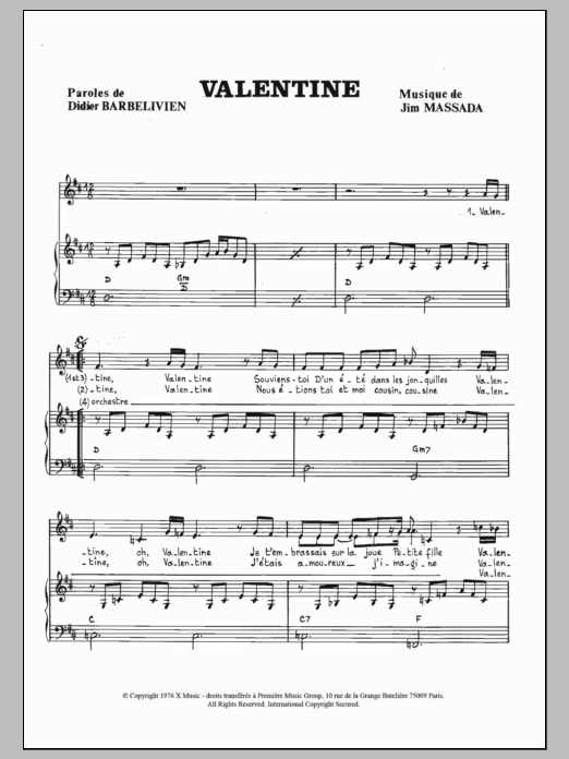 Didier Barbelivien Valentine Sheet Music Notes & Chords for Piano & Vocal - Download or Print PDF