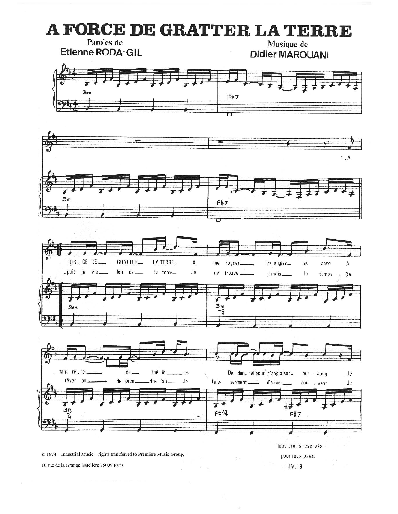 Didier Marouani A Force De Gratter La Terre Sheet Music Notes & Chords for Piano & Vocal - Download or Print PDF