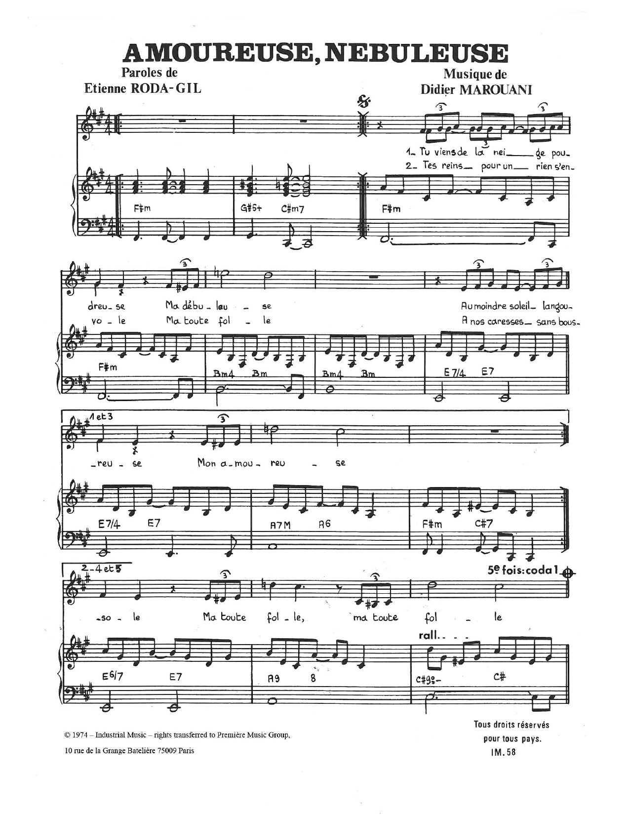 Didier Marouani Amoureuse, Nebuleuse Sheet Music Notes & Chords for Piano & Vocal - Download or Print PDF